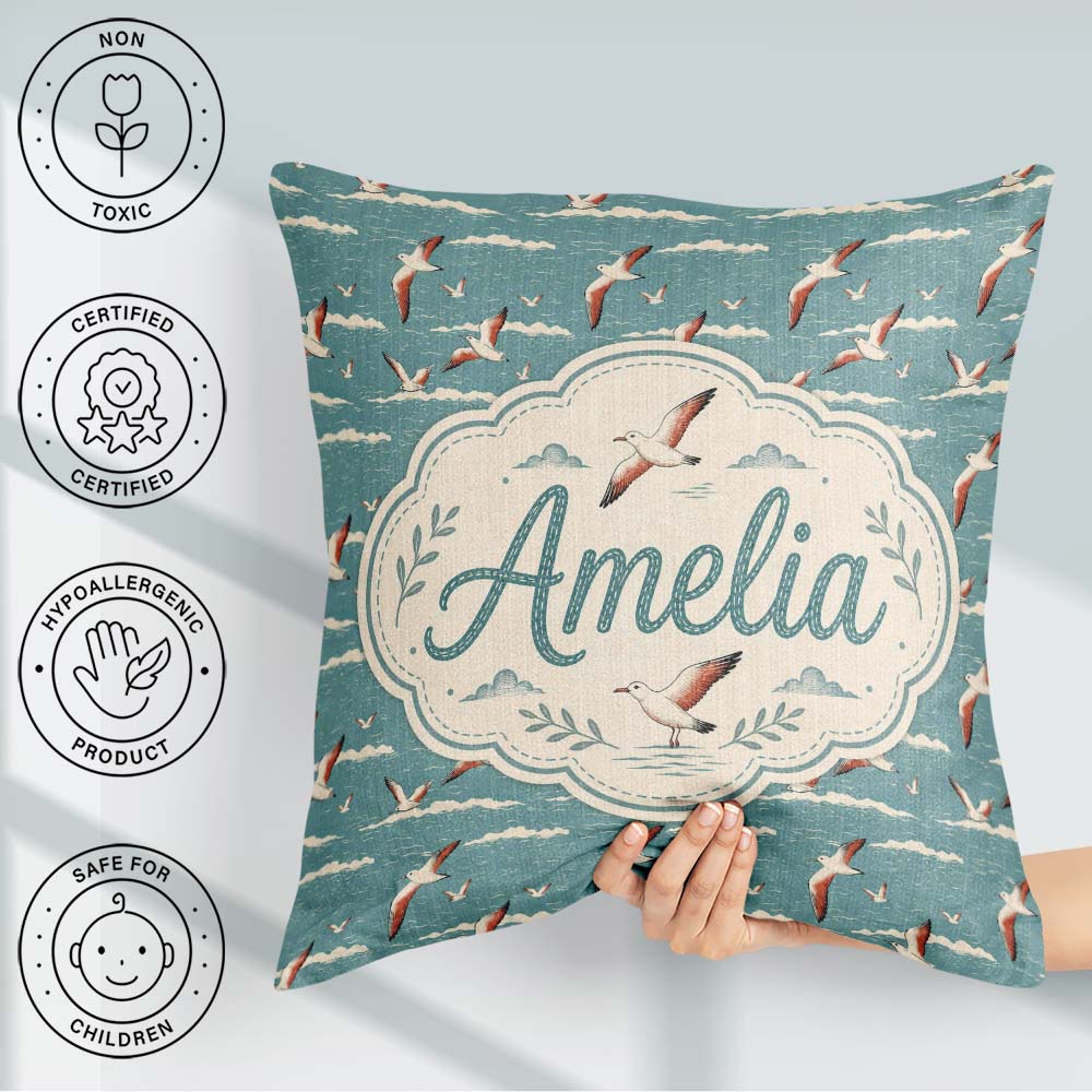 Custom Name Flying Seagulls Ocean Waves Style Seamless Pattern Square Filled Cushion Throw Pillow Sofa Bed Home Decor Zip Washable UK Made