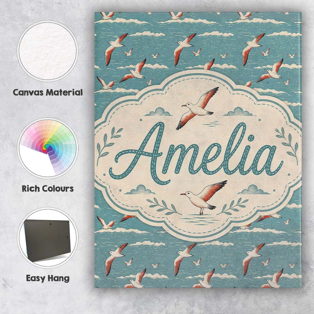 Personalised Name Flying Seagulls Over Custom Modern Room Accent Elegant Feature Canvas Wall Art Print Decor Picture Ready to Hang