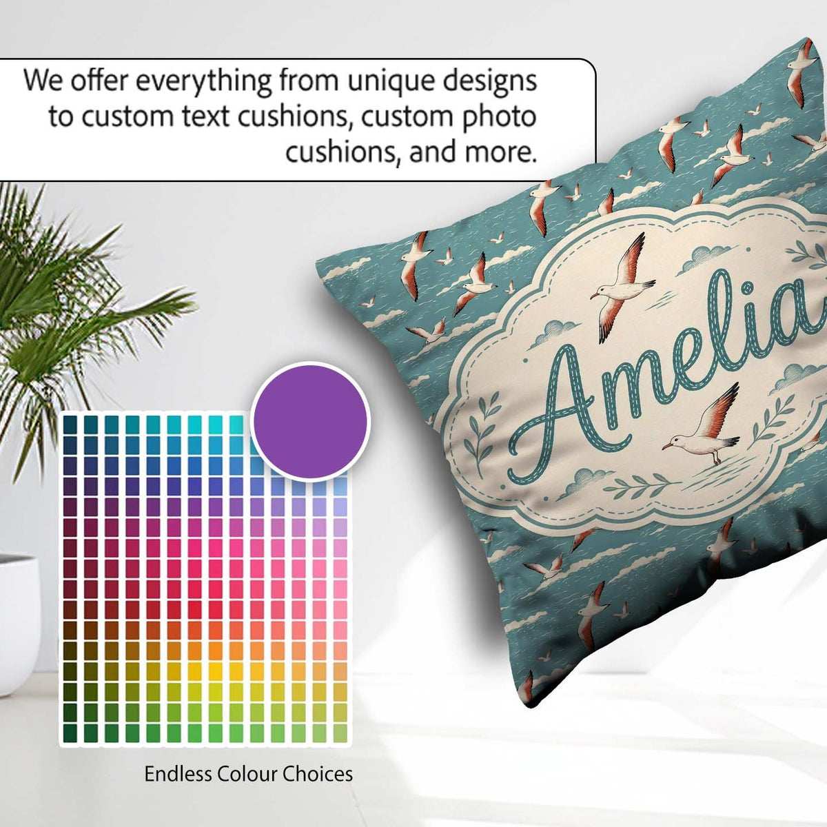 Custom Name Flying Seagulls Ocean Waves Style Seamless Pattern Square Filled Cushion Throw Pillow Sofa Bed Home Decor Zip Washable UK Made
