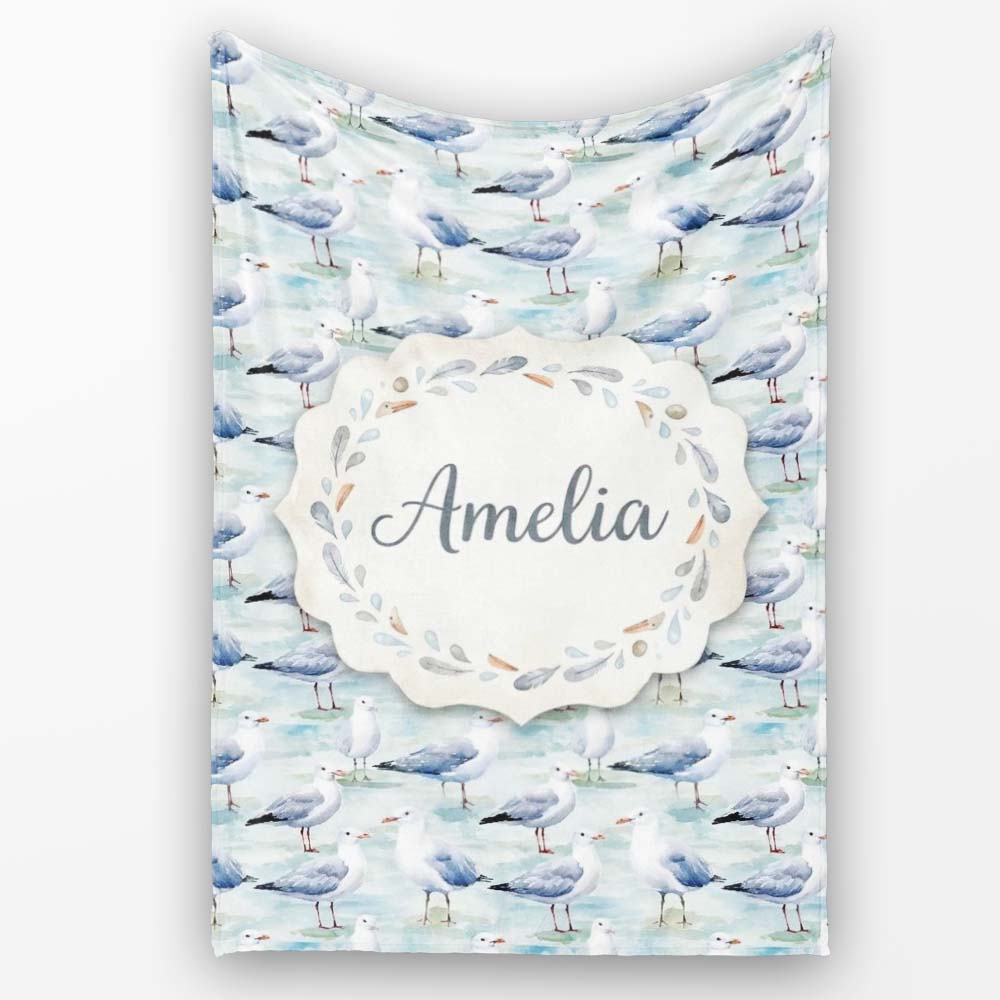 Soft Watercolor Seagulls Standing on Shore Seamless Pattern Lovely Personalised Custom Name Super Soft Fleece Blanket Bed Sofa Throw