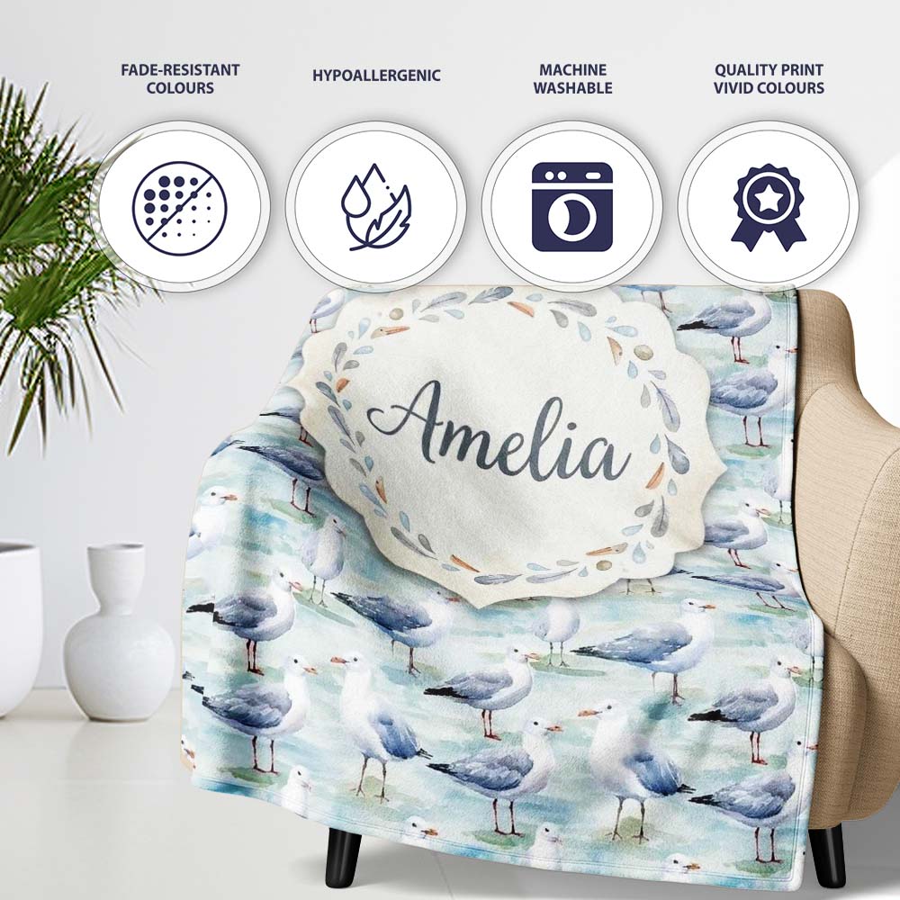 Soft Watercolor Seagulls Standing on Shore Seamless Pattern Lovely Personalised Custom Name Super Soft Fleece Blanket Bed Sofa Throw