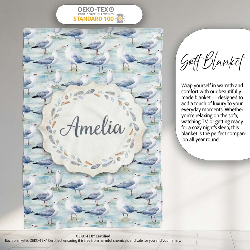 Soft Watercolor Seagulls Standing on Shore Seamless Pattern Lovely Personalised Custom Name Super Soft Fleece Blanket Bed Sofa Throw