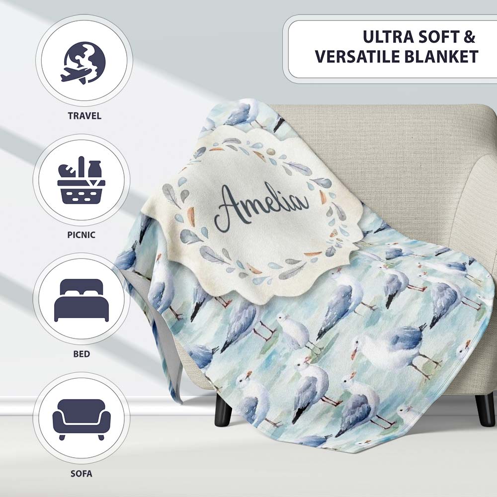Soft Watercolor Seagulls Standing on Shore Seamless Pattern Lovely Personalised Custom Name Super Soft Fleece Blanket Bed Sofa Throw
