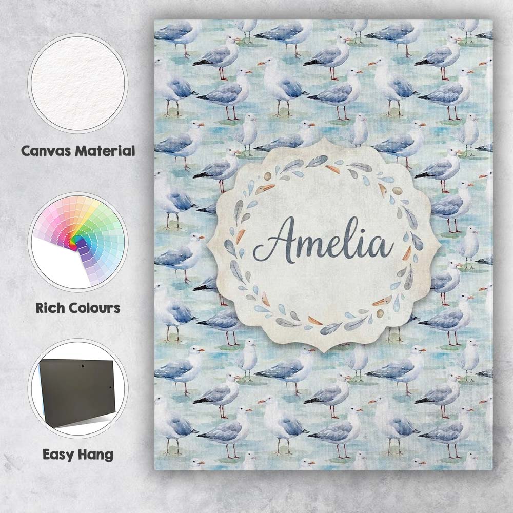 Personalised Name Soft Watercolor Seagulls Custom Unique Gift Idea Elegant Feature Canvas Wall Art Print Decor Picture Ready to Hang