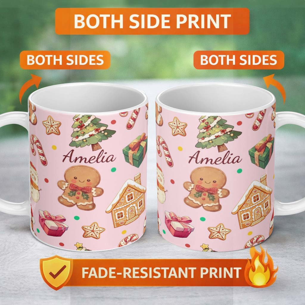 Personalized Custom Name Cute Gingerbread Man Christmas Tree Candy Holiday Pattern Pink 11oz Ceramic Coffee Tea Mug White Large Handle