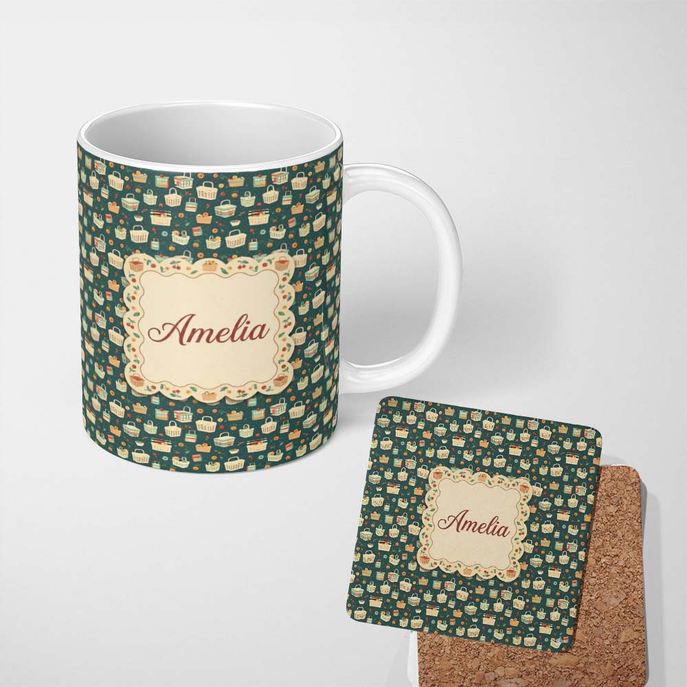 Personalized Custom Name Playful Picnic Baskets and Fruit Dark Background Seamless Pattern 11oz Ceramic Coffee Tea Mug White Large Handle
