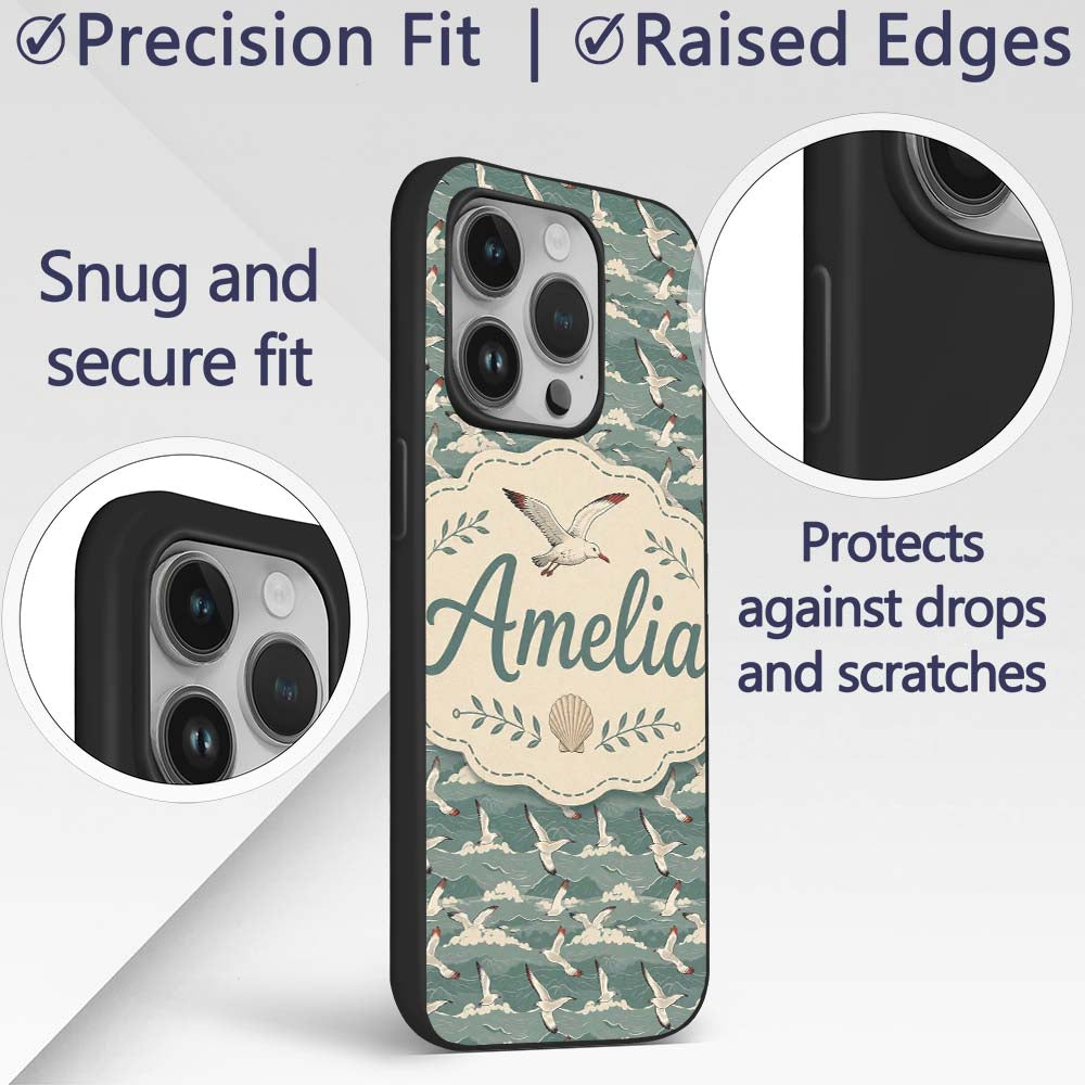 Seagulls Flying Over Stylized Printed Design Custom Name Protective Phone Case Mobile Cover Durable Everyday Smartphone Shock Resistant
