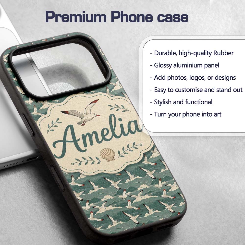 Seagulls Flying Over Stylized Printed Design Custom Name Protective Phone Case Mobile Cover Durable Everyday Smartphone Shock Resistant