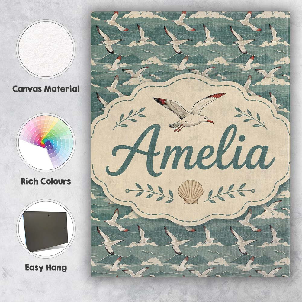 Personalised Name Seagulls Flying Over Custom Modern Room Accent Elegant Feature Canvas Wall Art Print Decor Picture Ready to Hang