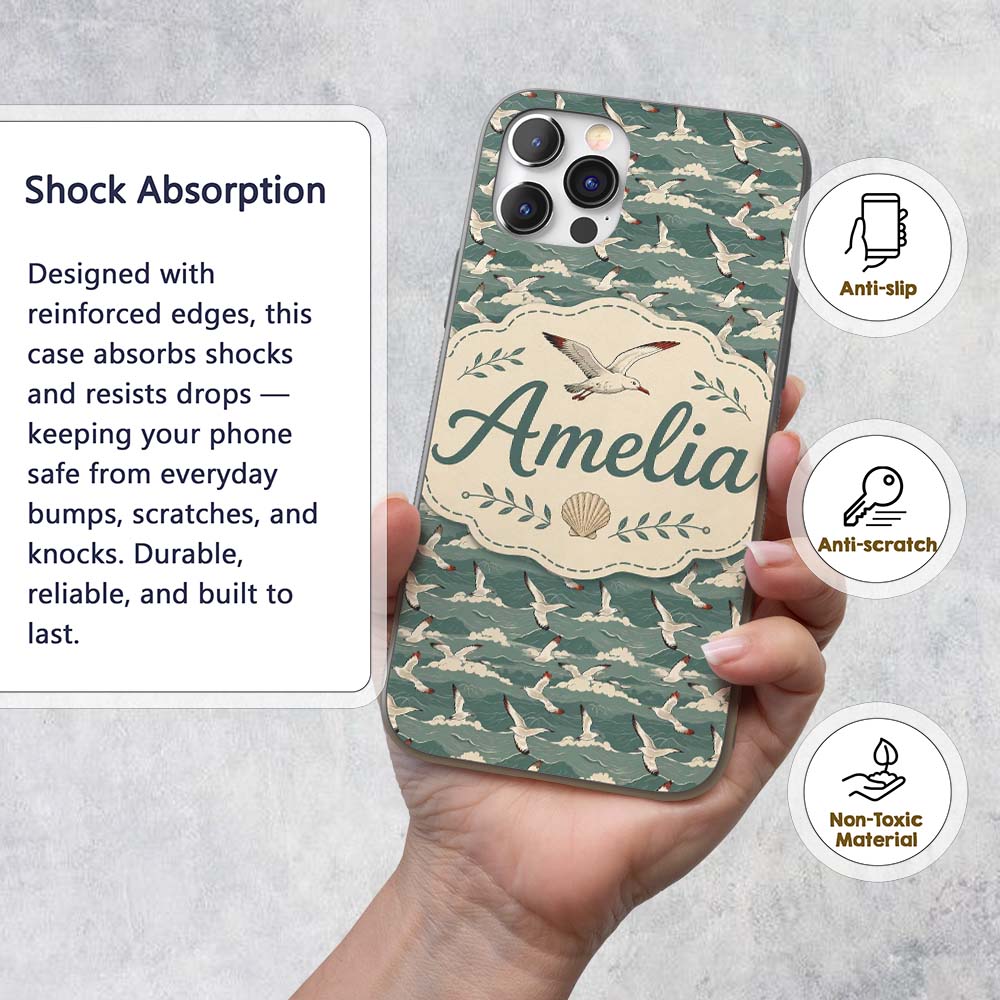 Seagulls Flying Over Stylized Printed Design Custom Name Protective Phone Case Mobile Cover Durable Everyday Smartphone Shock Resistant
