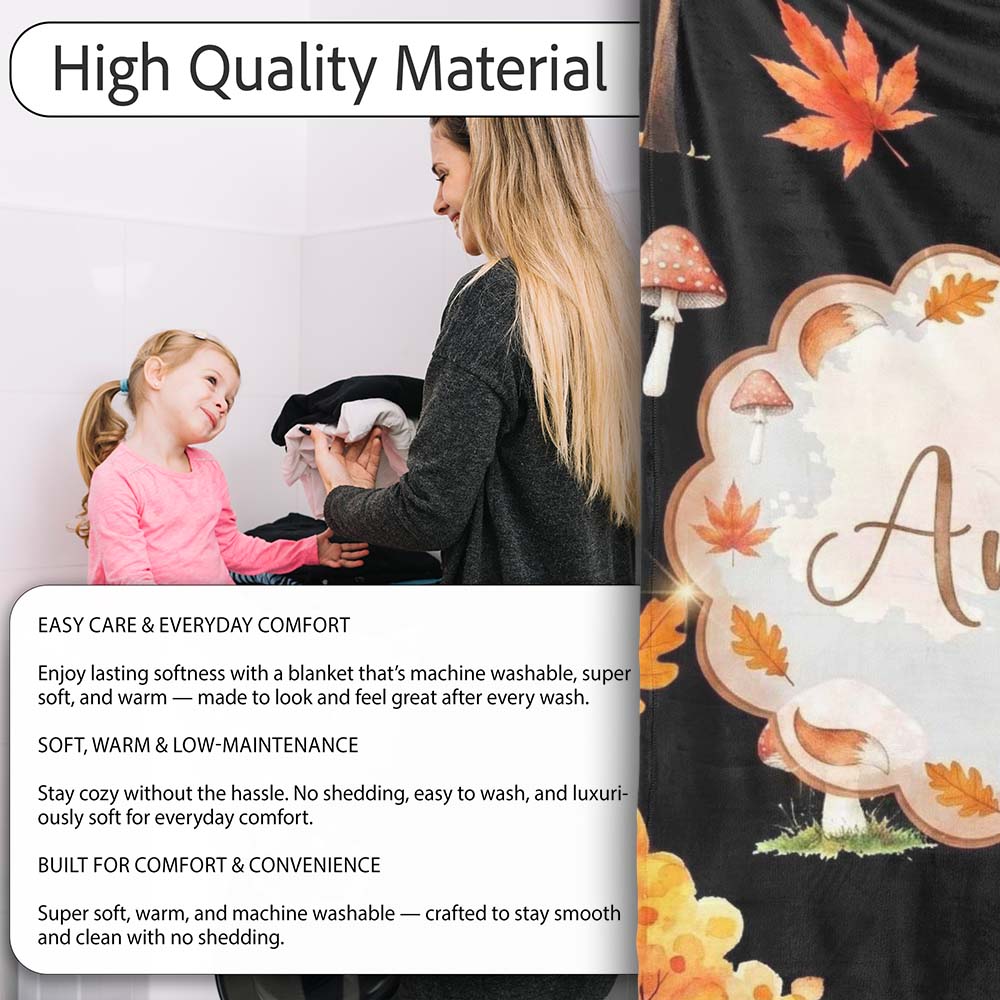Autumn Fox Mushroom Forest Pattern Perfect Gift for Her Lovely Personalised Custom Name Super Soft Fleece Blanket Bed Sofa Throw
