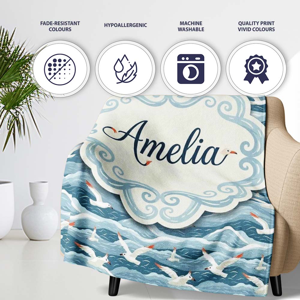 Seagulls Flying Over Ocean Waves Blue Coastal Seamless Pattern Personalised Custom Name Super Soft Fleece Blanket Bed Sofa Throw