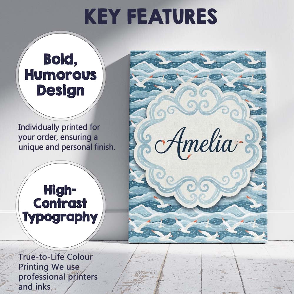 Personalised Name Seagulls Flying Over Custom Modern Room Accent Elegant Feature Canvas Wall Art Print Decor Picture Ready to Hang