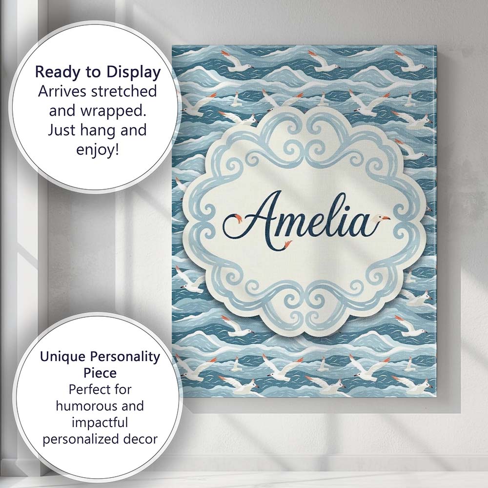 Personalised Name Seagulls Flying Over Custom Modern Room Accent Elegant Feature Canvas Wall Art Print Decor Picture Ready to Hang