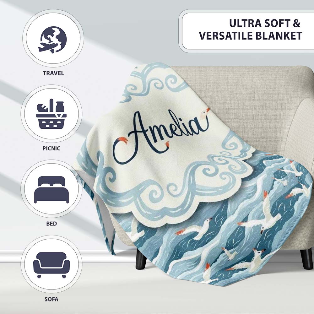 Seagulls Flying Over Ocean Waves Blue Coastal Seamless Pattern Personalised Custom Name Super Soft Fleece Blanket Bed Sofa Throw