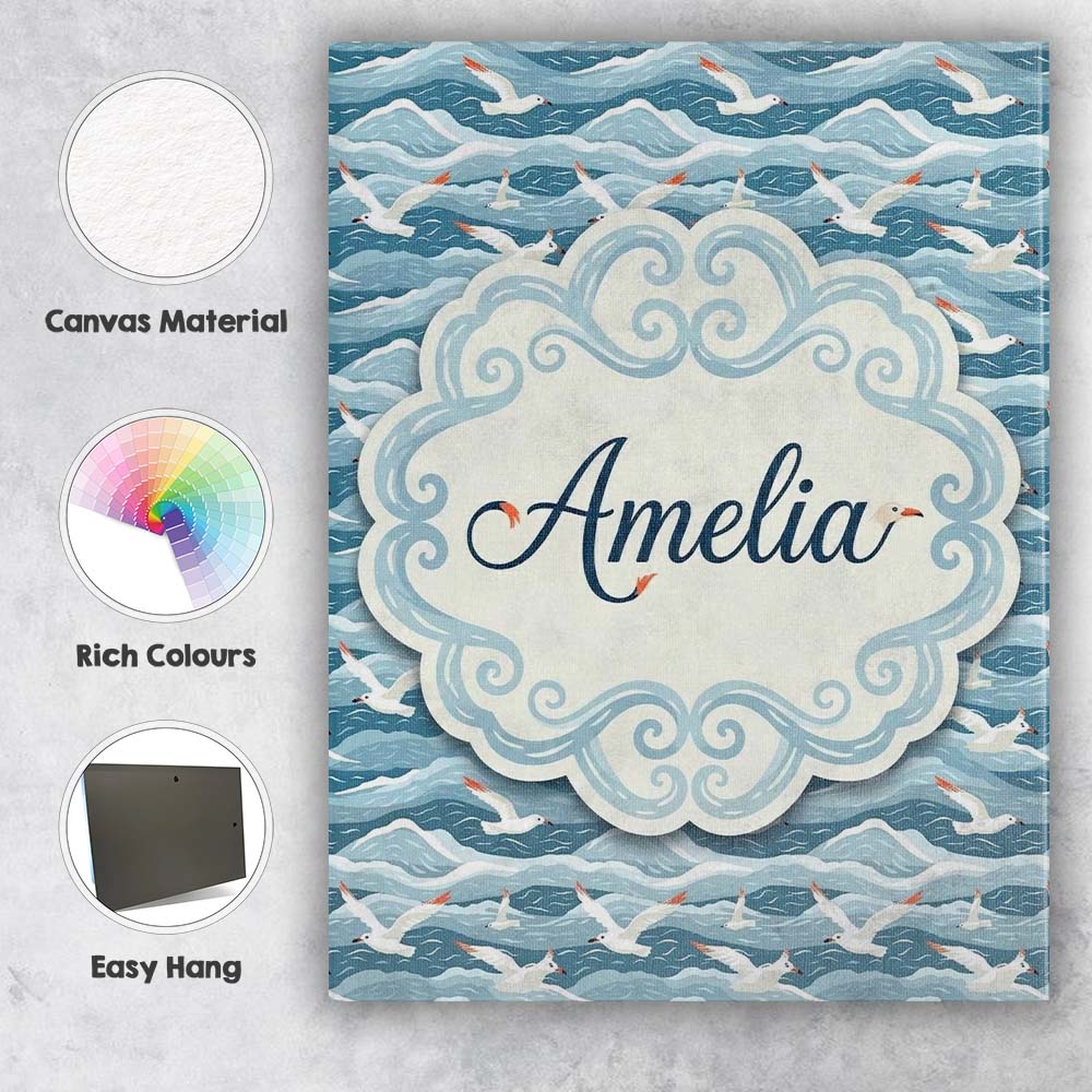 Personalised Name Seagulls Flying Over Custom Modern Room Accent Elegant Feature Canvas Wall Art Print Decor Picture Ready to Hang