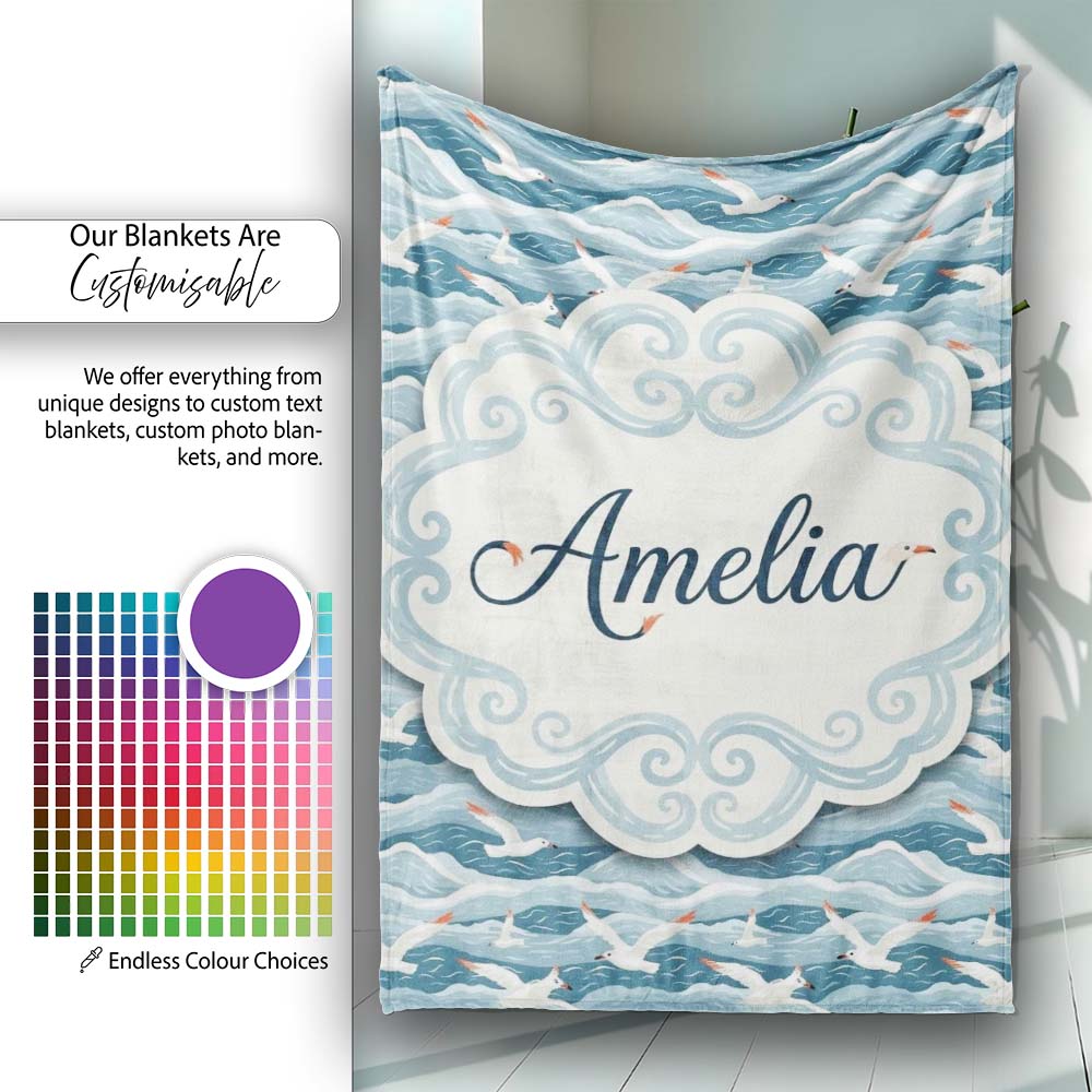 Seagulls Flying Over Ocean Waves Blue Coastal Seamless Pattern Personalised Custom Name Super Soft Fleece Blanket Bed Sofa Throw