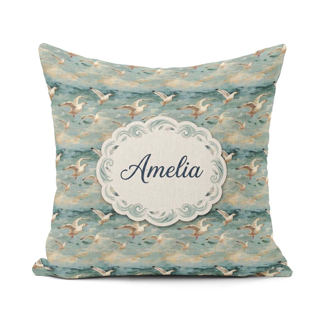 Custom Name Painterly Seagulls Over Ocean Waves Seamless Pattern Square Filled Cushion Throw Pillow Sofa Bed Home Decor Zip Washable UK Made