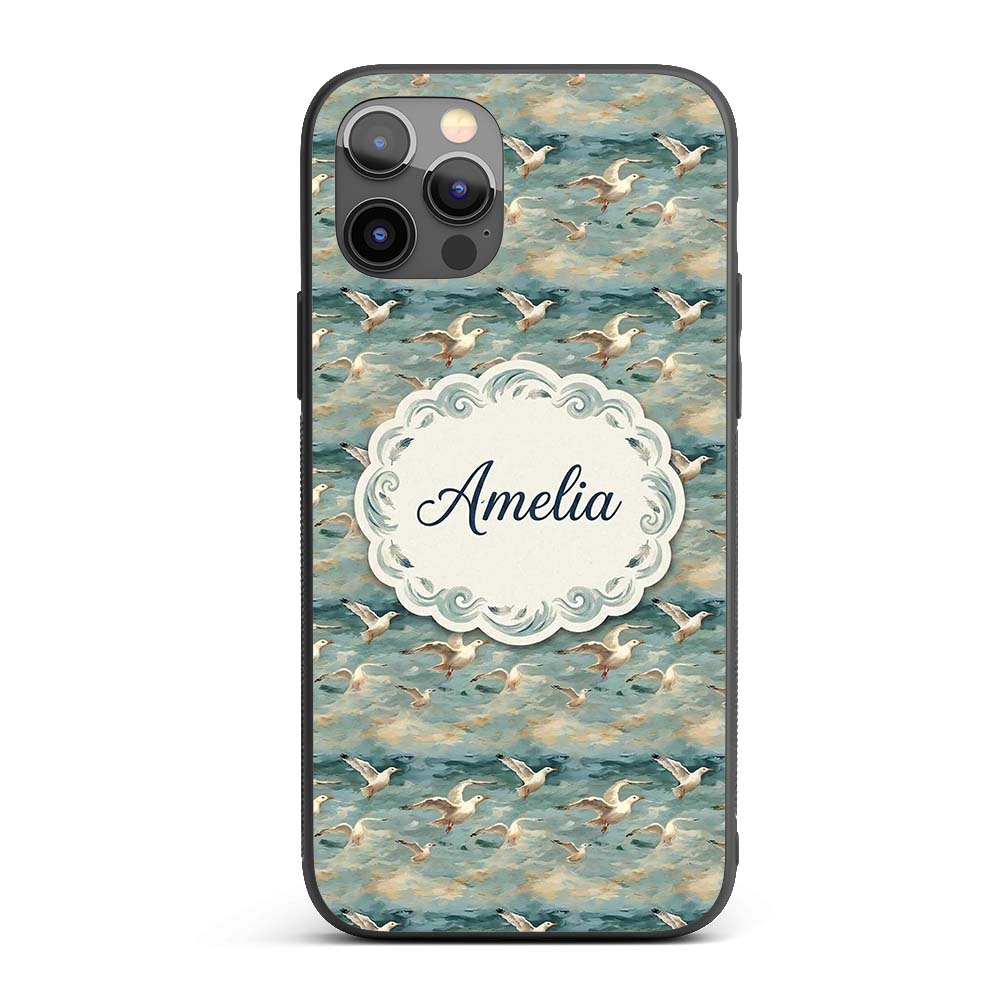 Painterly Seagulls Flying Over Printed Design Custom Name Protective Phone Case Mobile Cover Durable Everyday Smartphone Shock Resistant