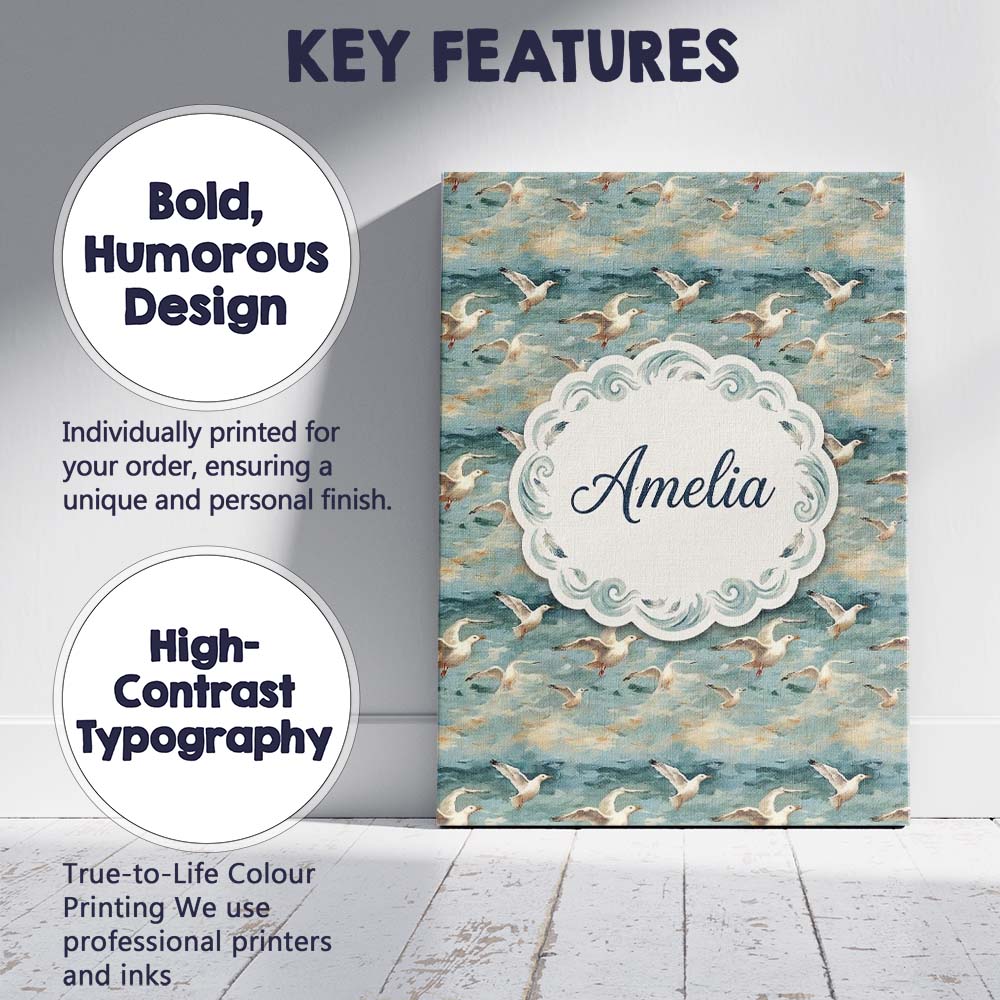 Personalised Name Painterly Seagulls Flying Custom Bespoke Interior Contemporary Canvas Wall Art Print Decor Picture Ready to Hang