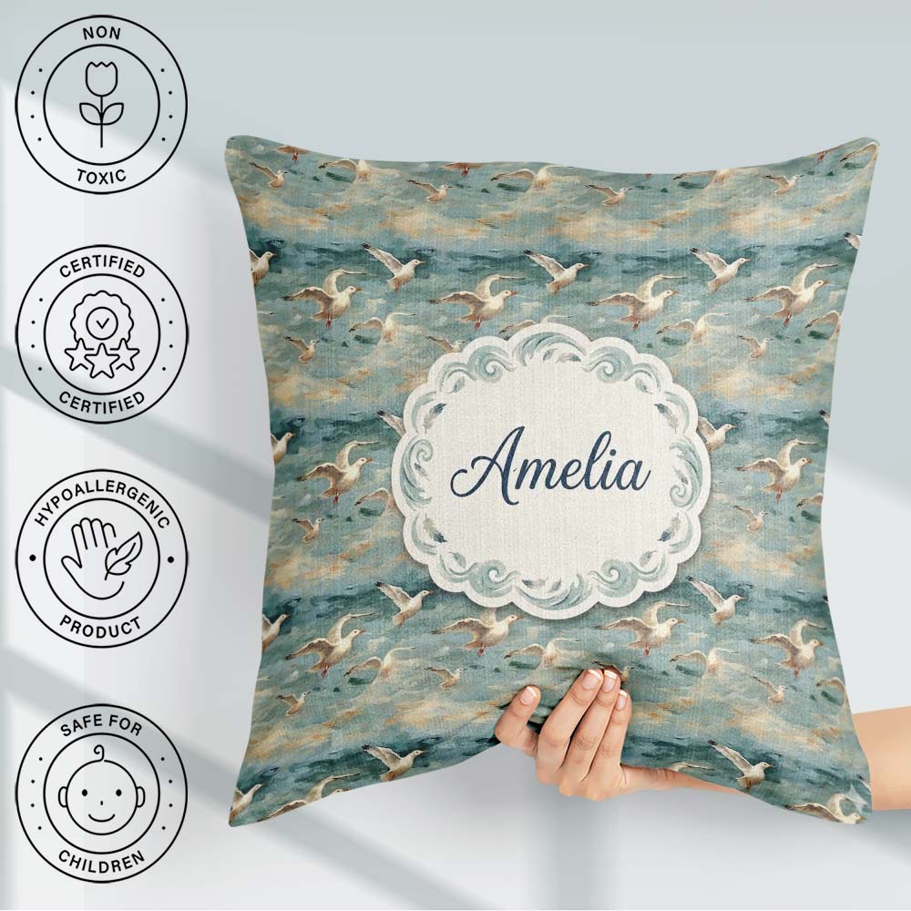 Custom Name Painterly Seagulls Over Ocean Waves Seamless Pattern Square Filled Cushion Throw Pillow Sofa Bed Home Decor Zip Washable UK Made