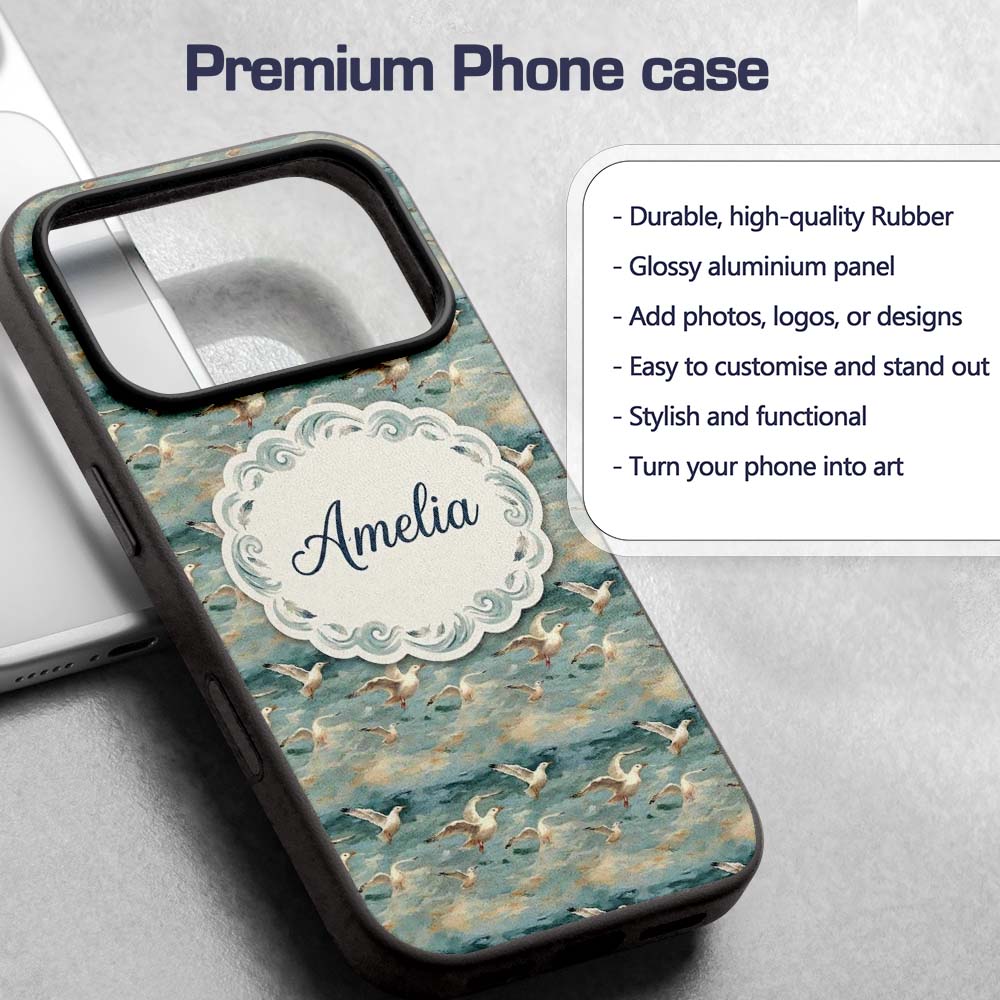 Painterly Seagulls Flying Over Printed Design Custom Name Protective Phone Case Mobile Cover Durable Everyday Smartphone Shock Resistant