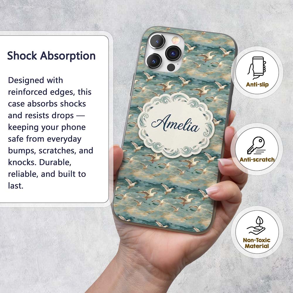 Painterly Seagulls Flying Over Printed Design Custom Name Protective Phone Case Mobile Cover Durable Everyday Smartphone Shock Resistant