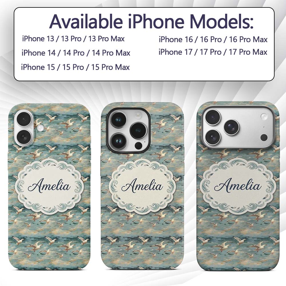 Painterly Seagulls Flying Over Printed Design Custom Name Protective Phone Case Mobile Cover Durable Everyday Smartphone Shock Resistant