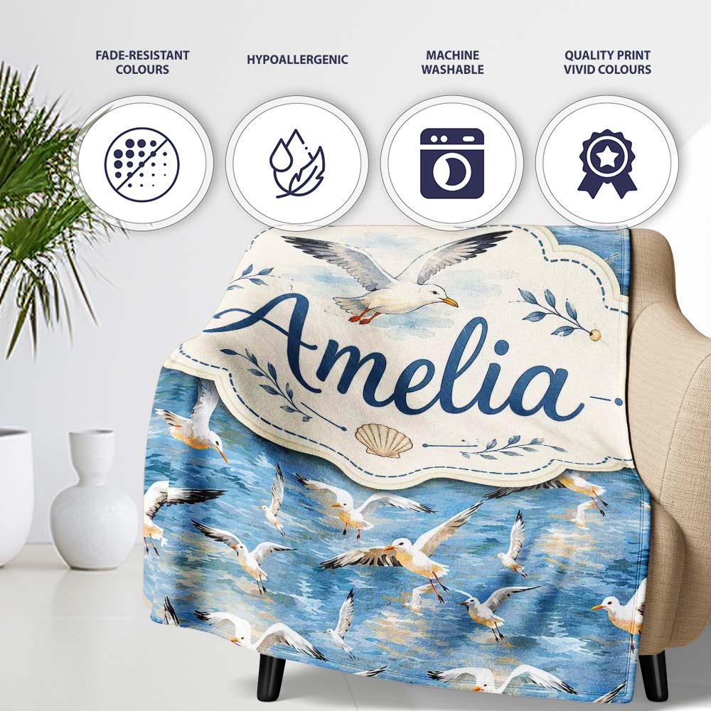 Soft Watercolor Seagulls in Flight Over Sea Seamless Pattern Lovely Personalised Custom Name Super Soft Fleece Blanket Bed Sofa Throw