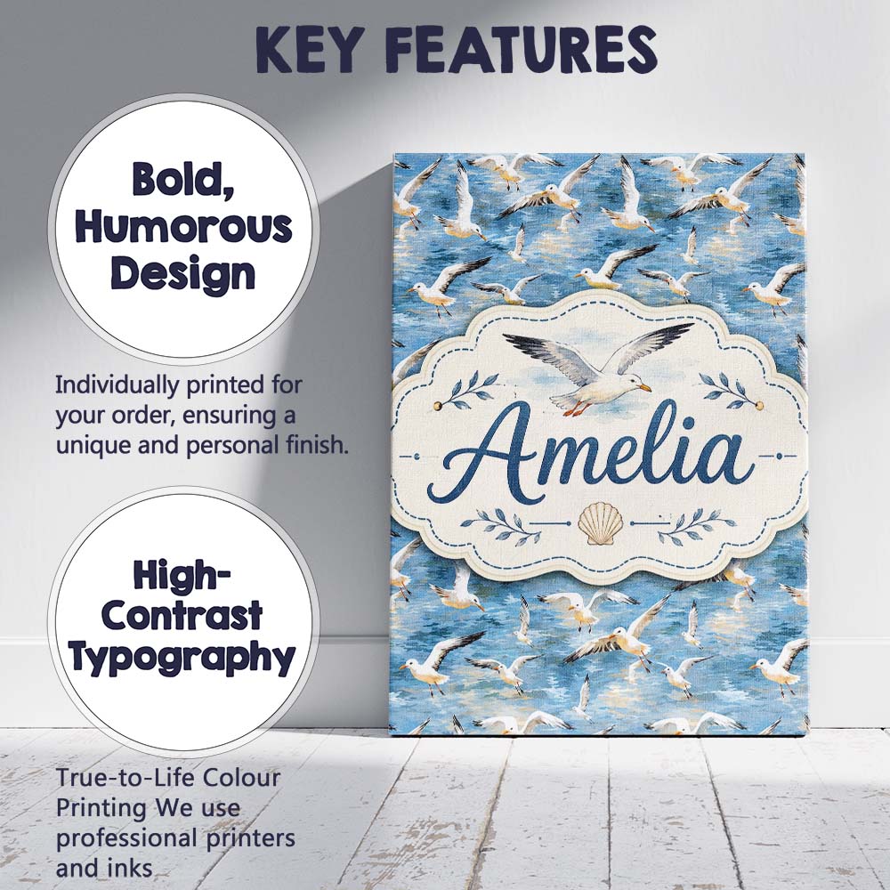 Personalised Name Soft Watercolor Seagulls Custom Unique Gift Idea Elegant Feature Canvas Wall Art Print Decor Picture Ready to Hang