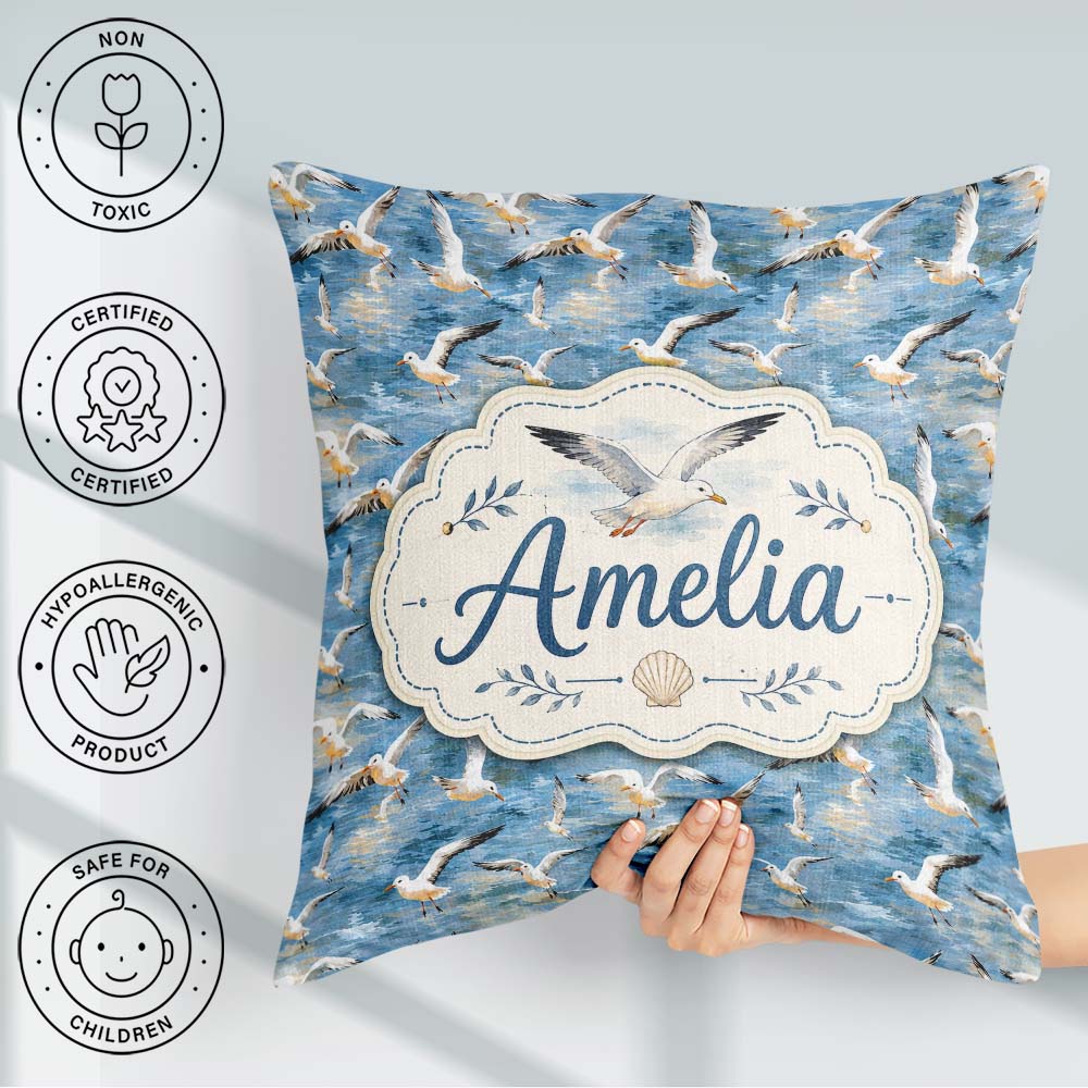 Custom Name Soft Watercolor Seagulls in Flight Over Sea Seamless Square Filled Cushion Throw Pillow Sofa Bed Home Decor Zip Washable UK Made