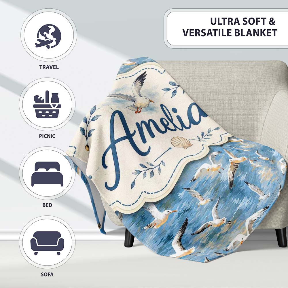 Soft Watercolor Seagulls in Flight Over Sea Seamless Pattern Lovely Personalised Custom Name Super Soft Fleece Blanket Bed Sofa Throw
