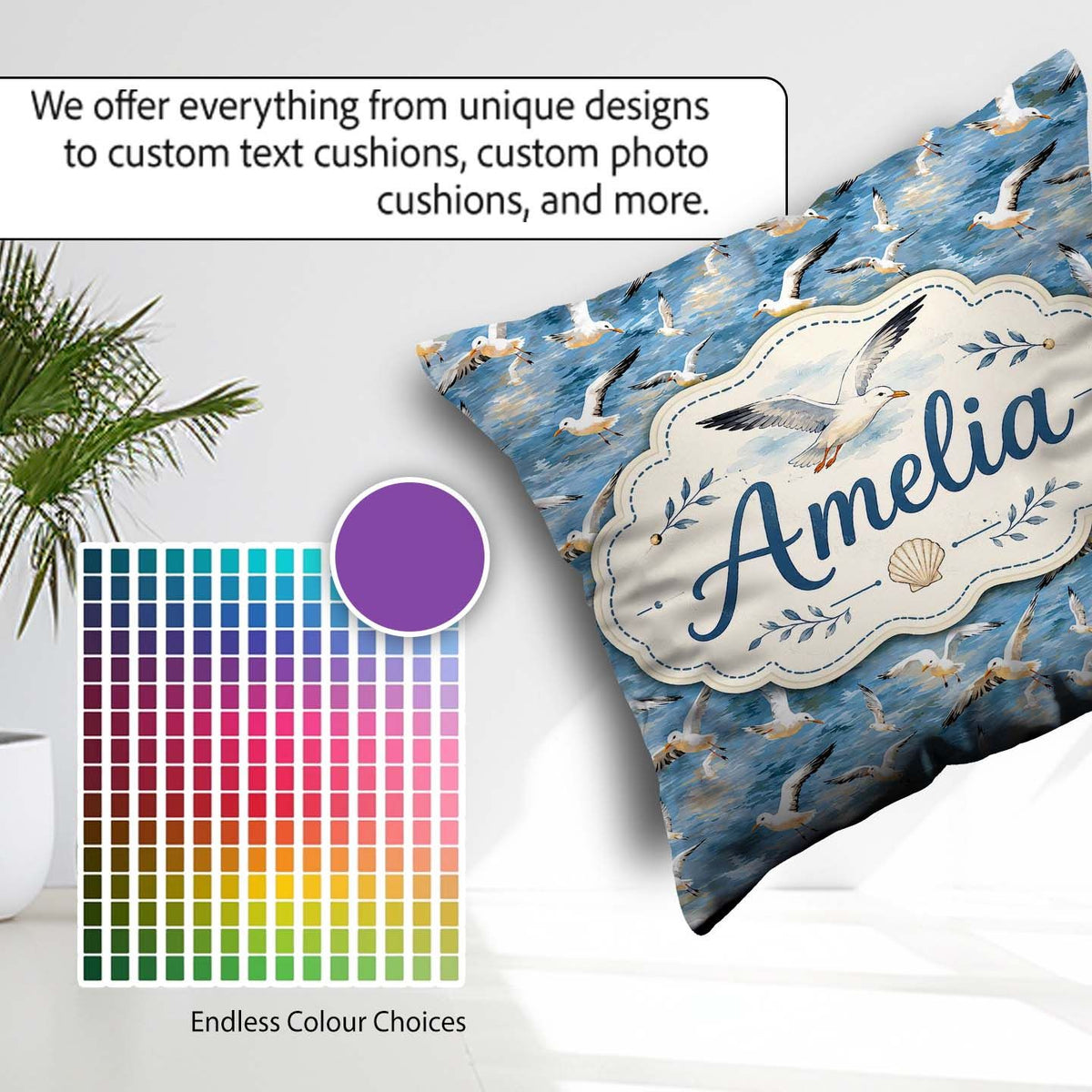 Custom Name Soft Watercolor Seagulls in Flight Over Sea Seamless Square Filled Cushion Throw Pillow Sofa Bed Home Decor Zip Washable UK Made