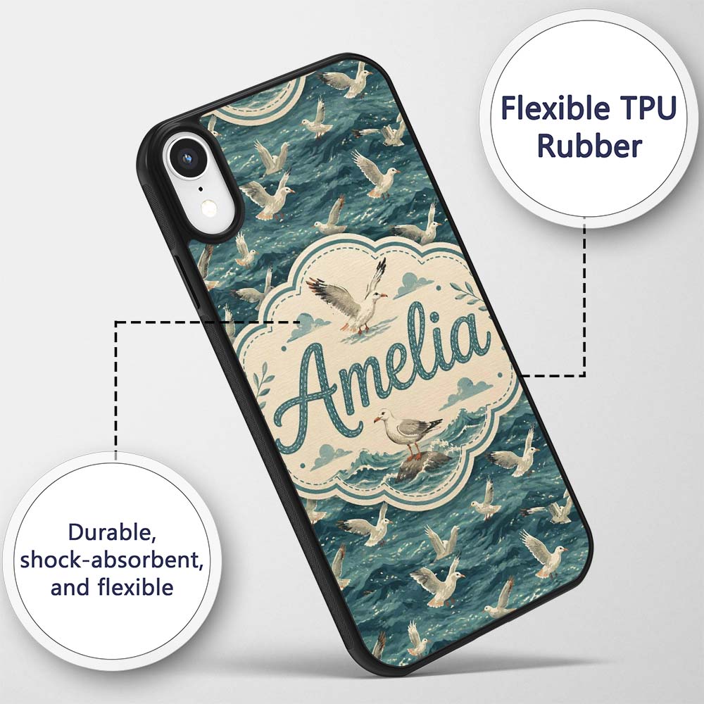 Seagulls Flying Over Deep Blue Printed Design Custom Name Protective Phone Case Mobile Cover Durable Everyday Smartphone Shock Resistant