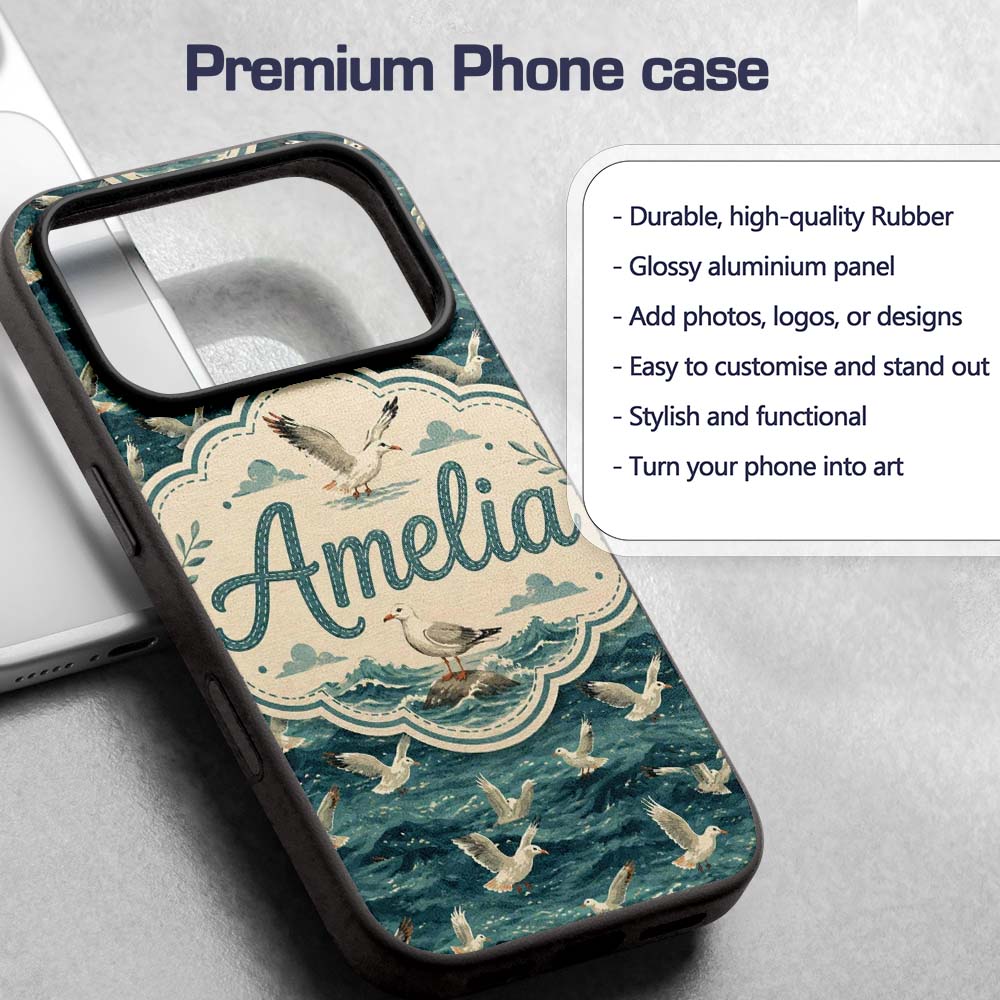 Seagulls Flying Over Deep Blue Printed Design Custom Name Protective Phone Case Mobile Cover Durable Everyday Smartphone Shock Resistant
