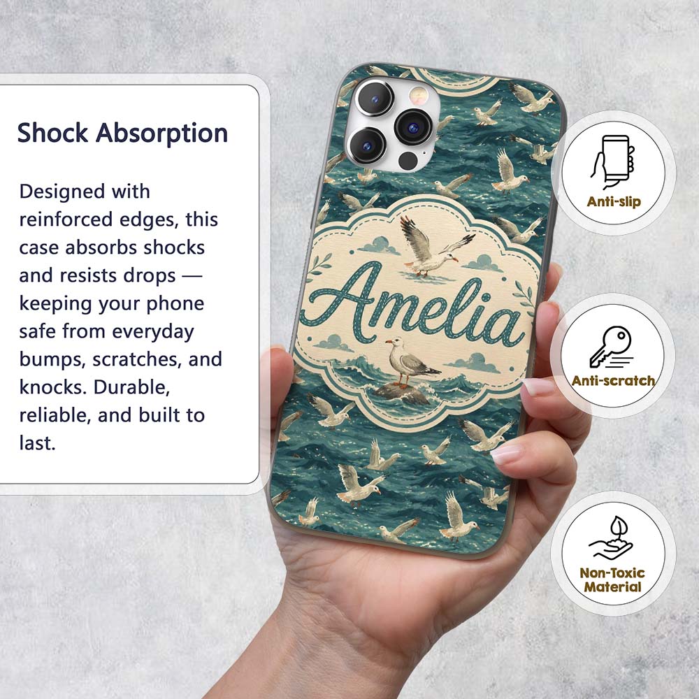 Seagulls Flying Over Deep Blue Printed Design Custom Name Protective Phone Case Mobile Cover Durable Everyday Smartphone Shock Resistant