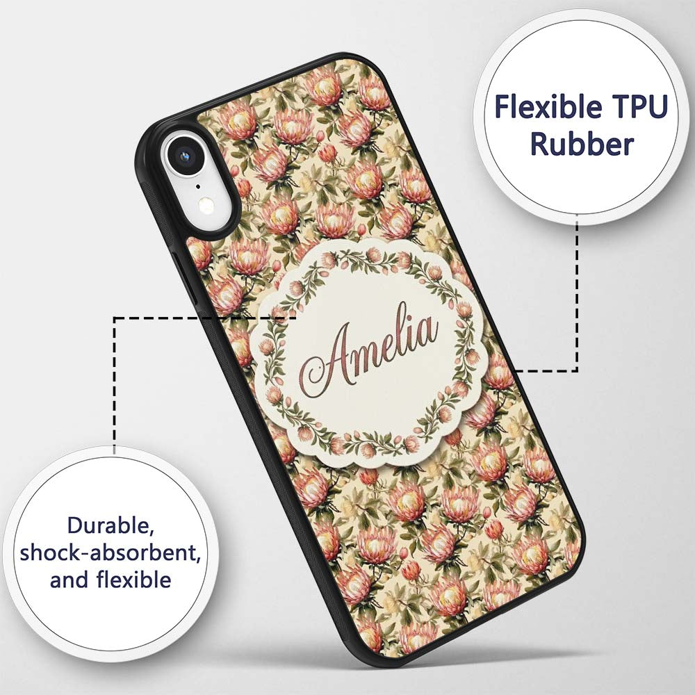 Vintage Protea Floral Botanical Seamless Pattern Custom Name Protective Phone Case Mobile Cover Durable Everyday Smartphone Shock Resistant