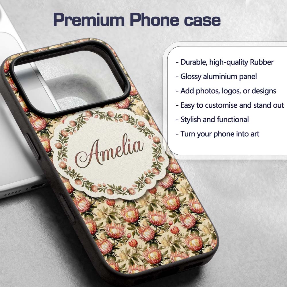 Vintage Protea Floral Botanical Seamless Pattern Custom Name Protective Phone Case Mobile Cover Durable Everyday Smartphone Shock Resistant