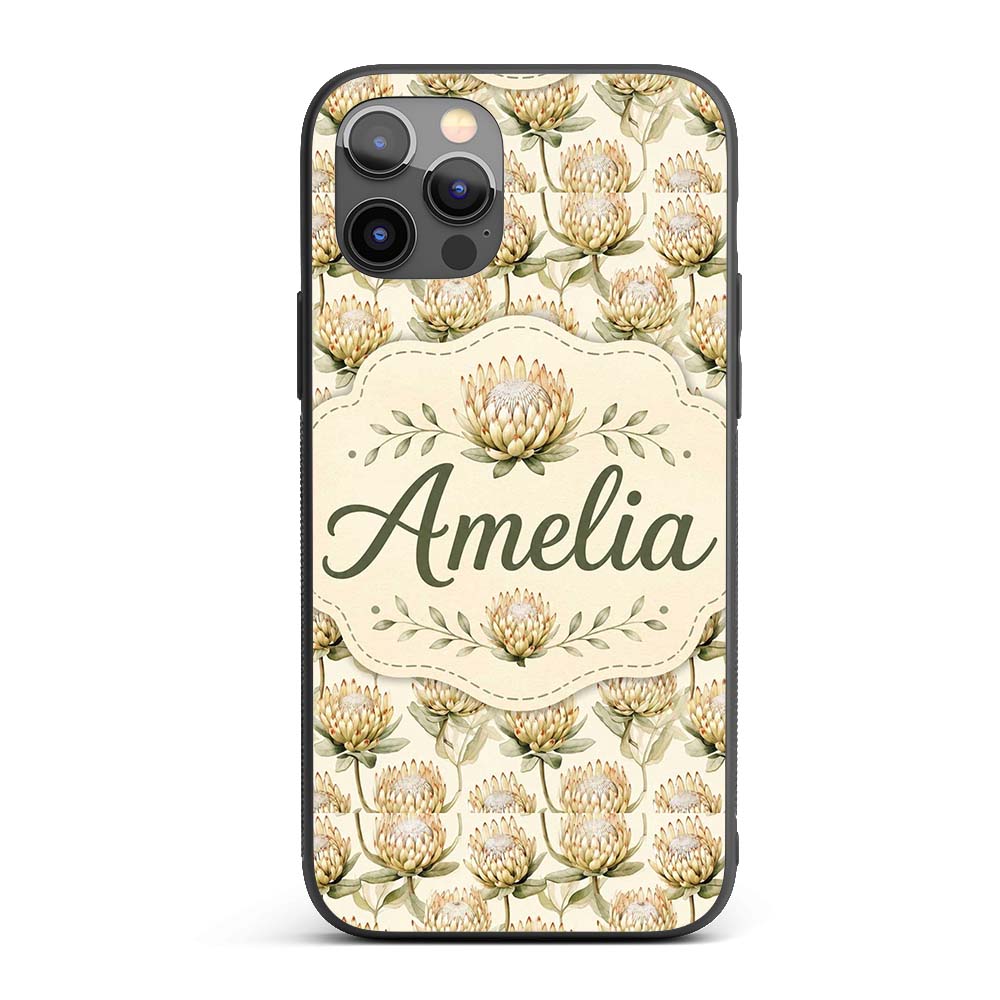 Cream Protea Botanical Floral Seamless Pattern Custom Name Protective Phone Case Mobile Cover Durable Everyday Smartphone Shock Resistant