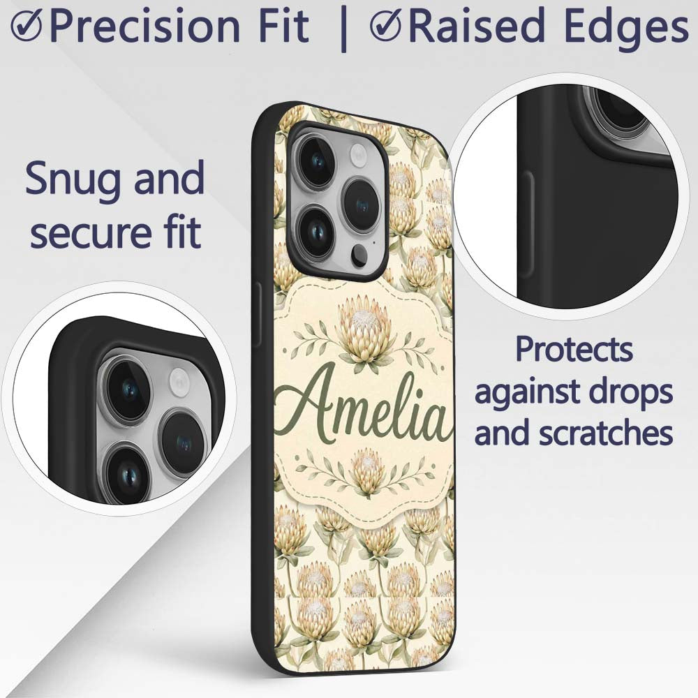 Cream Protea Botanical Floral Seamless Pattern Custom Name Protective Phone Case Mobile Cover Durable Everyday Smartphone Shock Resistant