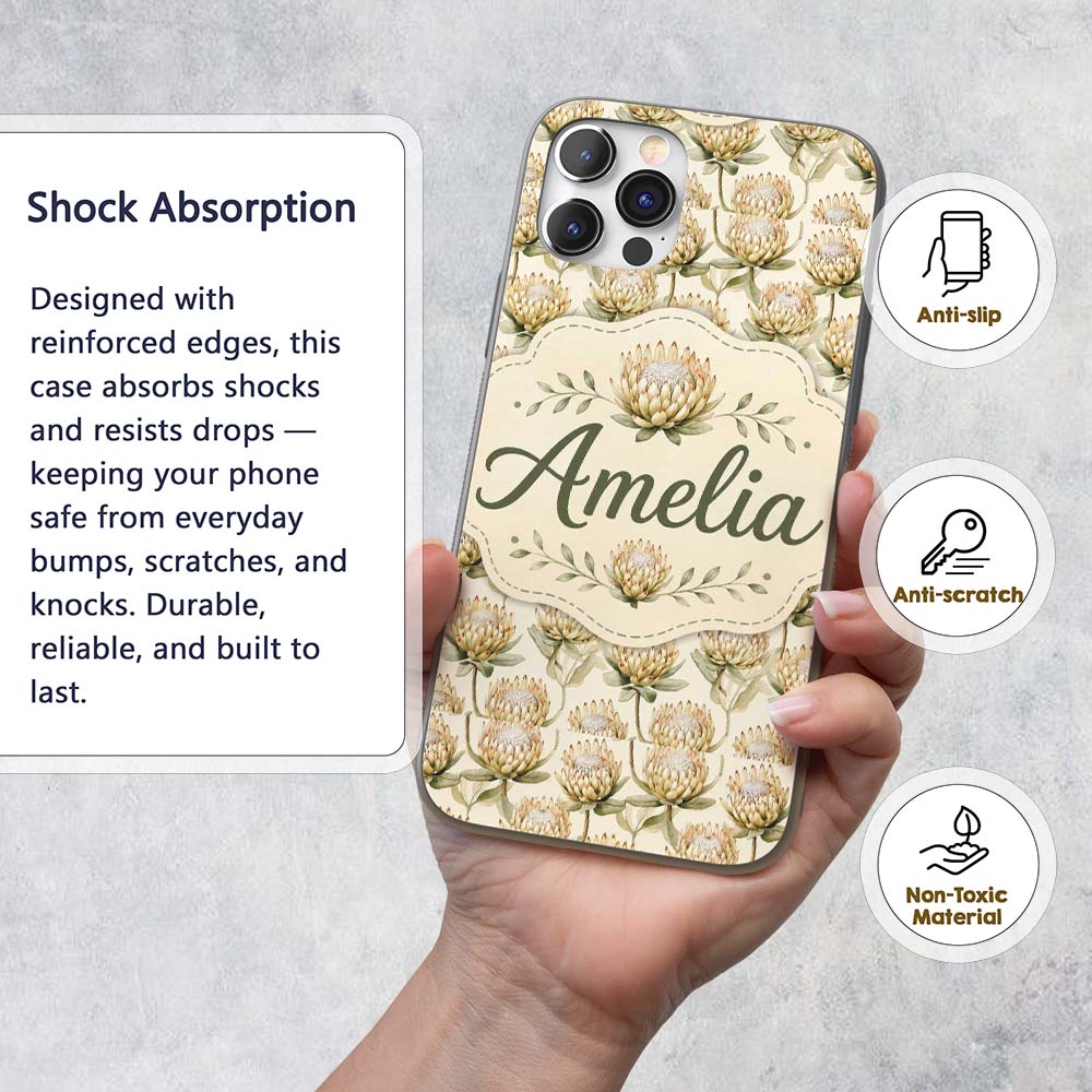 Cream Protea Botanical Floral Seamless Pattern Custom Name Protective Phone Case Mobile Cover Durable Everyday Smartphone Shock Resistant