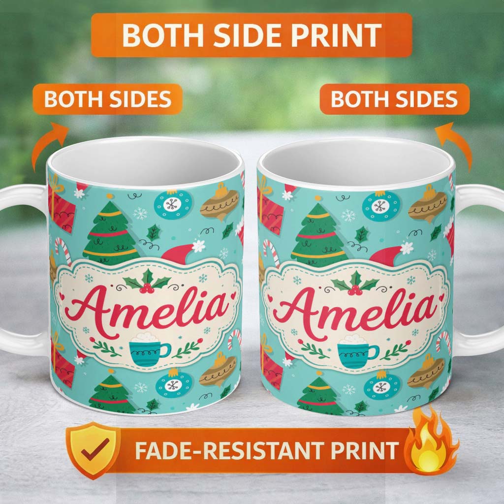 Personalized Custom Name Christmas Mug Candy Cane Ornament Festive Seamless Pattern Lovely 11oz Ceramic Coffee Tea Mug White Large Handle