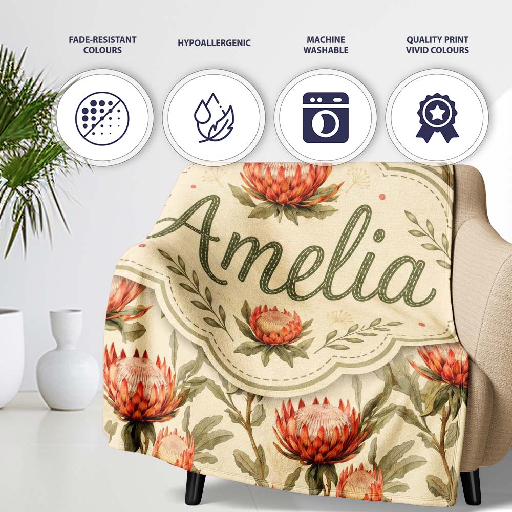 Warm Orange Protea Flower Vintage Botanical Seamless Pattern Lovely Personalised Custom Name Super Soft Fleece Blanket Bed Sofa Throw