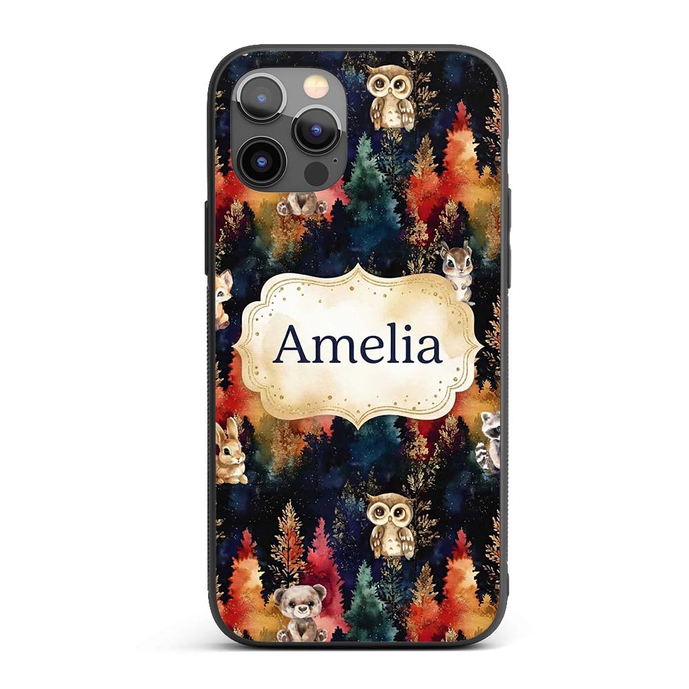 Dark Woodland Cute Animals Gold Leaf Pattern Cute Custom Name Protective Phone Case Mobile Cover Durable Everyday Smartphone Shock Resistant