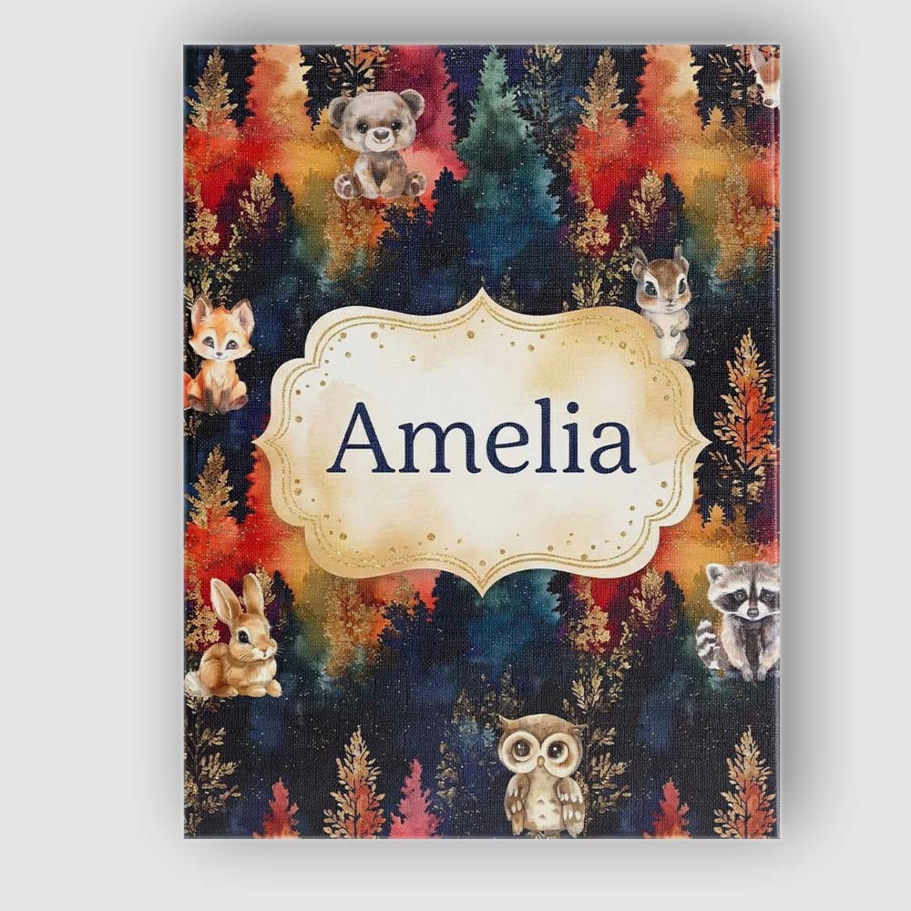 Personalised Name Dark Woodland Cute Animals Gold Leaf Pattern Custom Decorative Canvas Wall Art Print Decor Picture Ready to Hang