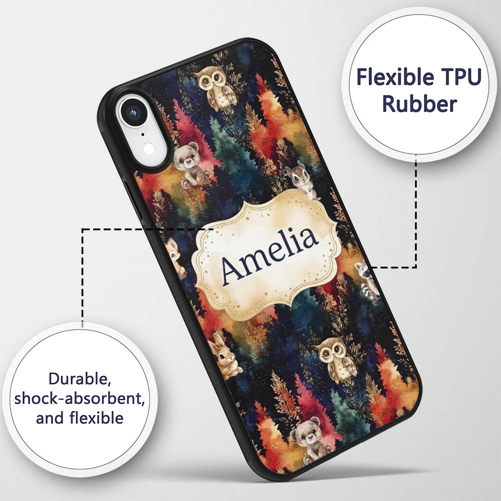 Dark Woodland Cute Animals Gold Leaf Pattern Cute Custom Name Protective Phone Case Mobile Cover Durable Everyday Smartphone Shock Resistant