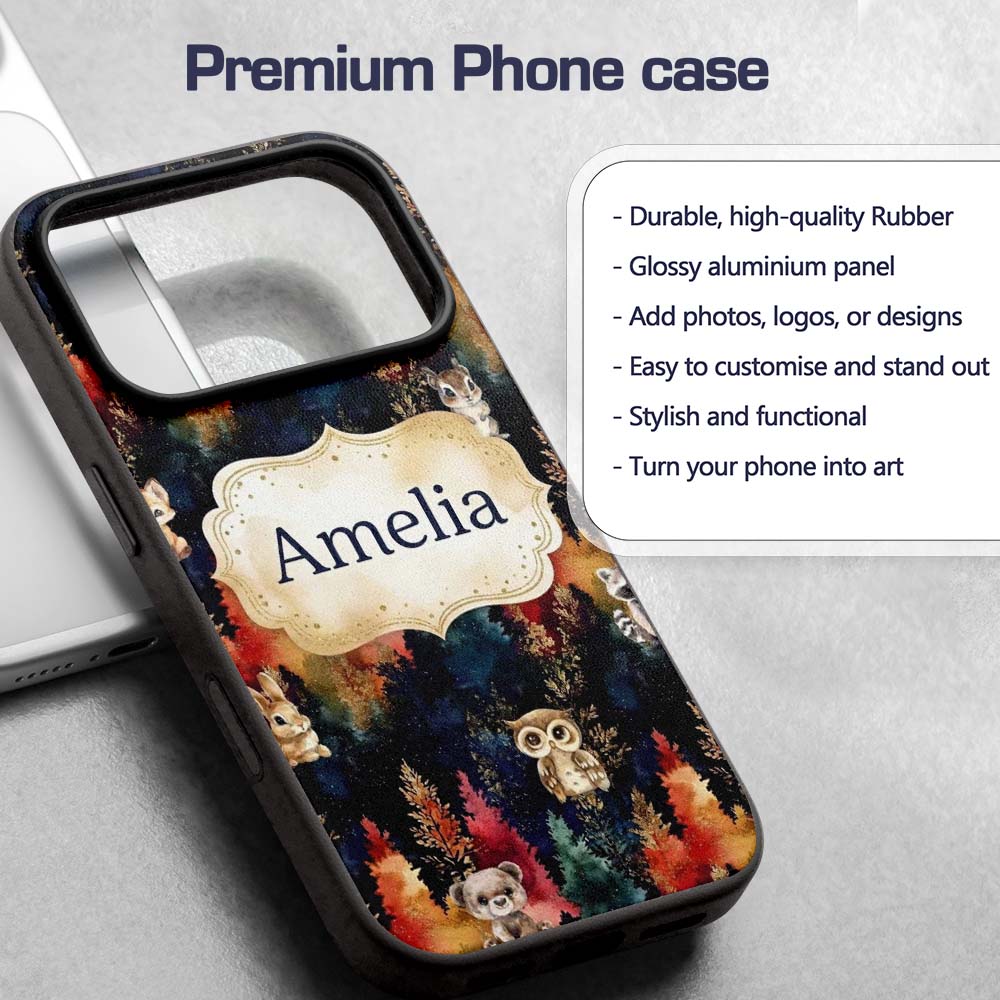 Dark Woodland Cute Animals Gold Leaf Pattern Cute Custom Name Protective Phone Case Mobile Cover Durable Everyday Smartphone Shock Resistant