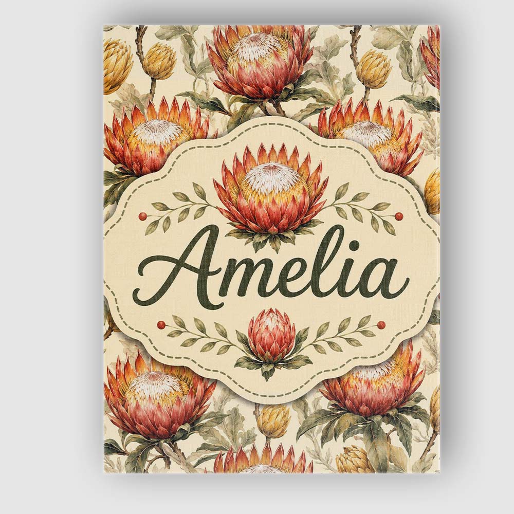 Personalised Name Protea Flowers with Custom Modern Room Accent Creative Decorator Style Canvas Wall Art Print Decor Picture Ready to Hang