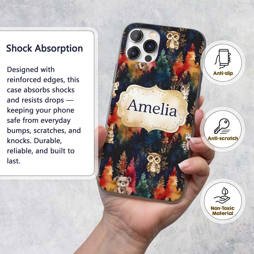 Dark Woodland Cute Animals Gold Leaf Pattern Cute Custom Name Protective Phone Case Mobile Cover Durable Everyday Smartphone Shock Resistant