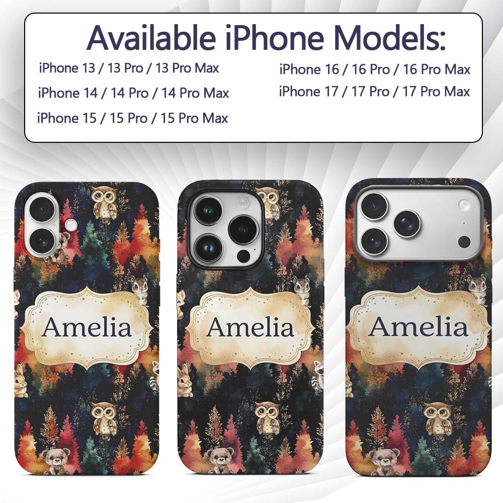 Dark Woodland Cute Animals Gold Leaf Pattern Cute Custom Name Protective Phone Case Mobile Cover Durable Everyday Smartphone Shock Resistant